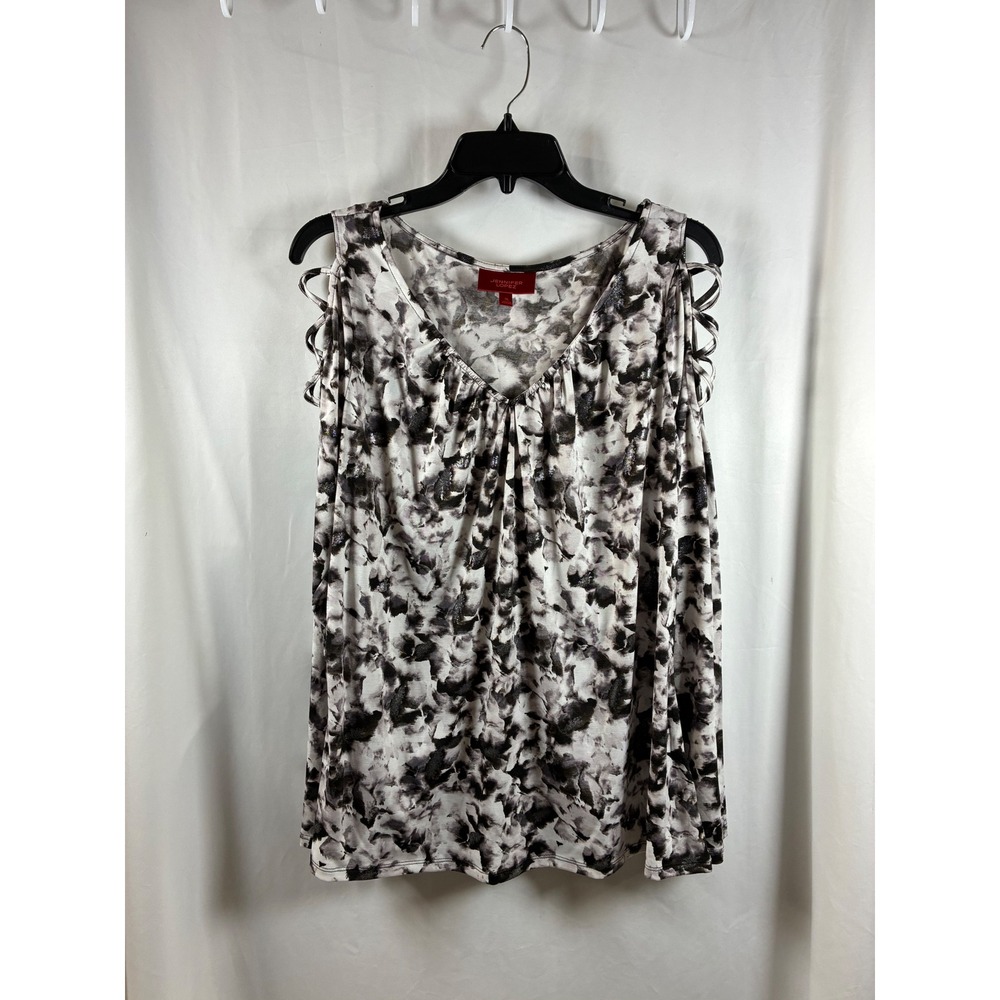 Jennifer Lopez Womens XL Black White Abstract Floral Cold Shoulder Strappy Top